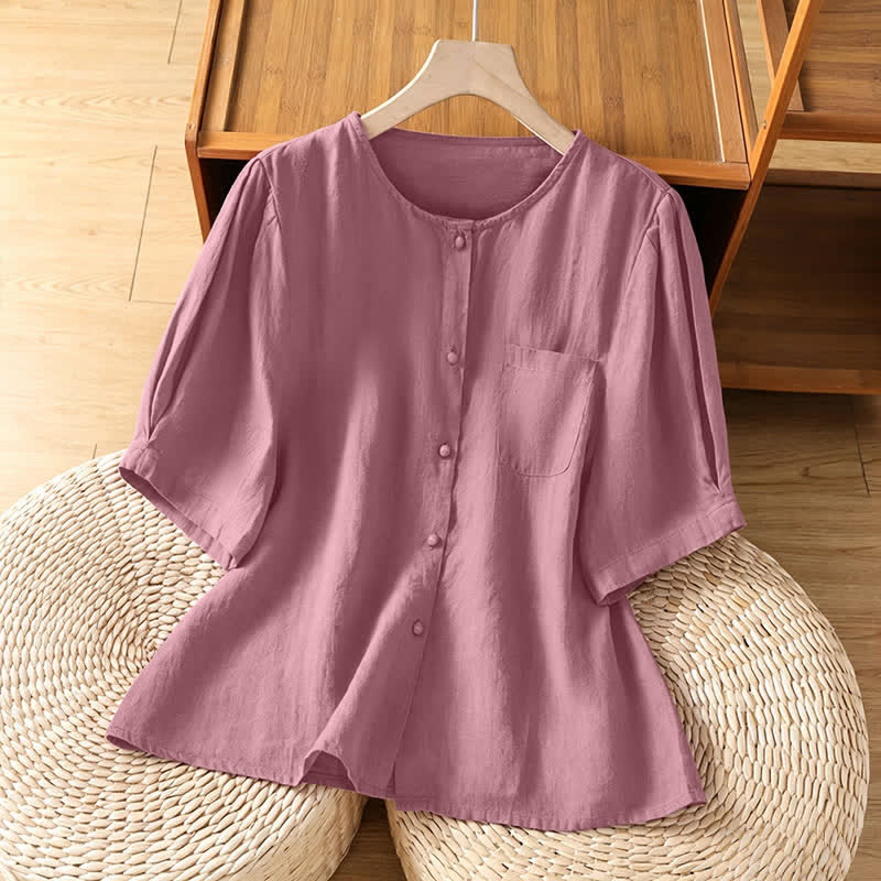 Buddha Stones Chemises d'été minimalistes et décontractées à manches courtes pour femmes, col rond, col boutonné, avec poche plaquée - Rouge violet pâle - US8-10, UK/AU12-14, EU40-42 (2XL) - image 0