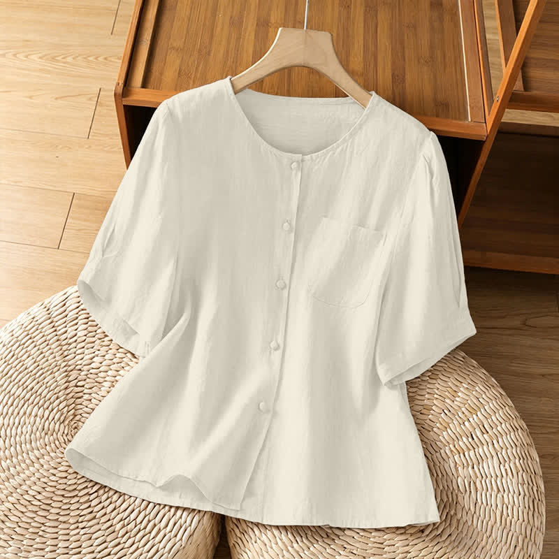 Buddha Stones Chemises d'été minimalistes et décontractées à manches courtes pour femmes, col rond, col boutonné, avec poche plaquée - Beige - US8-10, UK/AU12-14, EU40-42 (2XL) - image 12