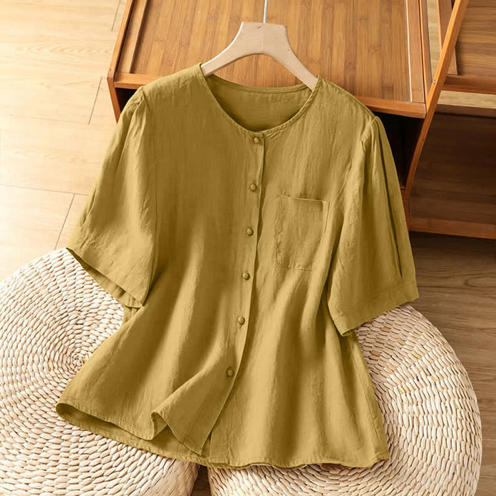 Buddha Stones Chemises d'été minimalistes et décontractées à manches courtes pour femmes, col rond, col boutonné, avec poche plaquée - verge d'or - US8-10, UK/AU12-14, EU40-42 (2XL) - image 7