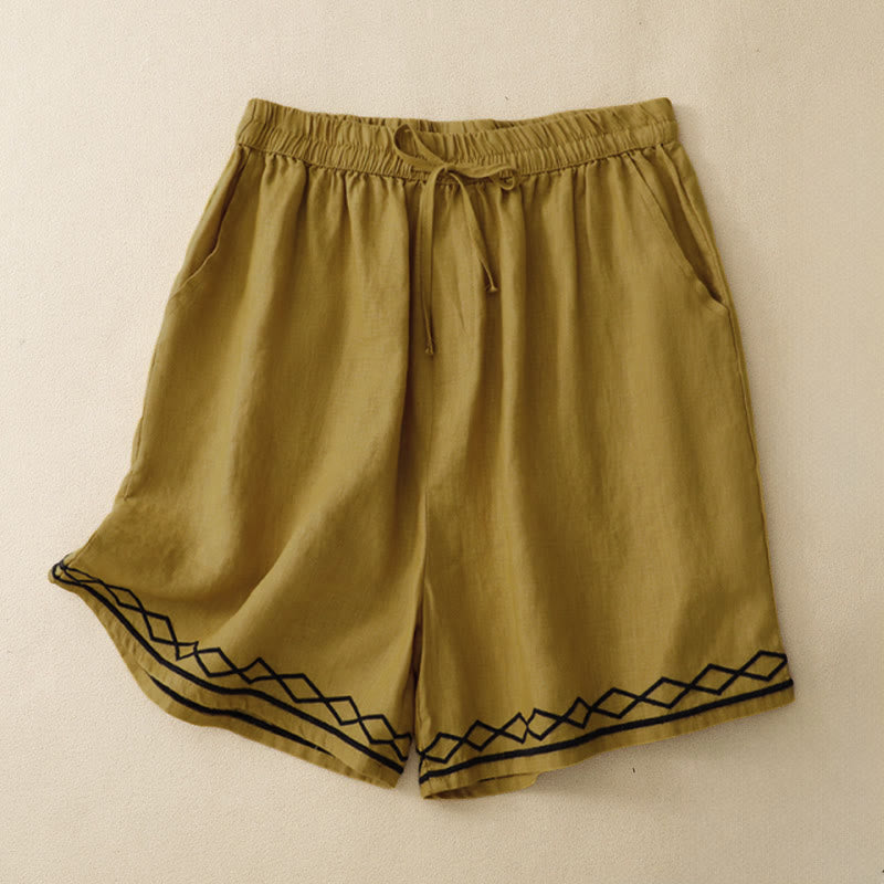 Buddha Stones Short d'été minimaliste à cordon de serrage, broderie, lignes ondulées et motifs géométriques, avec poches. - verge d'or - US8-10, UK/AU12-14, EU40-42 (2XL) - image 0