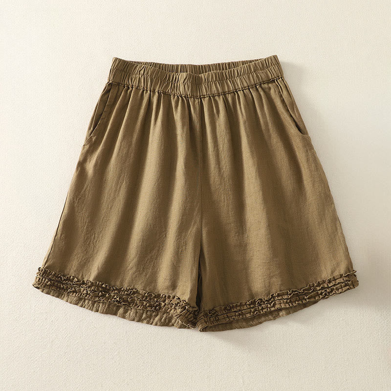 Buddha Stones Short d'été décontracté vintage pour femme, taille élastique unie, ourlet à volants et poches - image 1