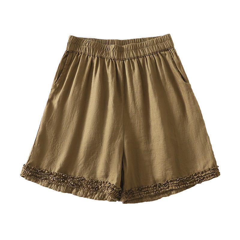 Buddha Stones Short d'été décontracté vintage pour femme, taille élastique unie, ourlet à volants et poches - Tanné - US8-10, UK/AU12-14, EU40-42 (2XL) - image 0