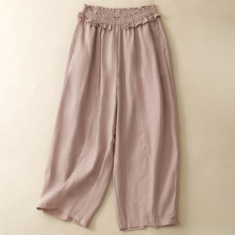 Buddha Stones Pantalon court d'été décontracté et minimaliste, uni, à volants et taille élastique, coupe droite, avec poches - Rose clair - US8-10, UK/AU12-14, EU40-42 (2XL) - image 0