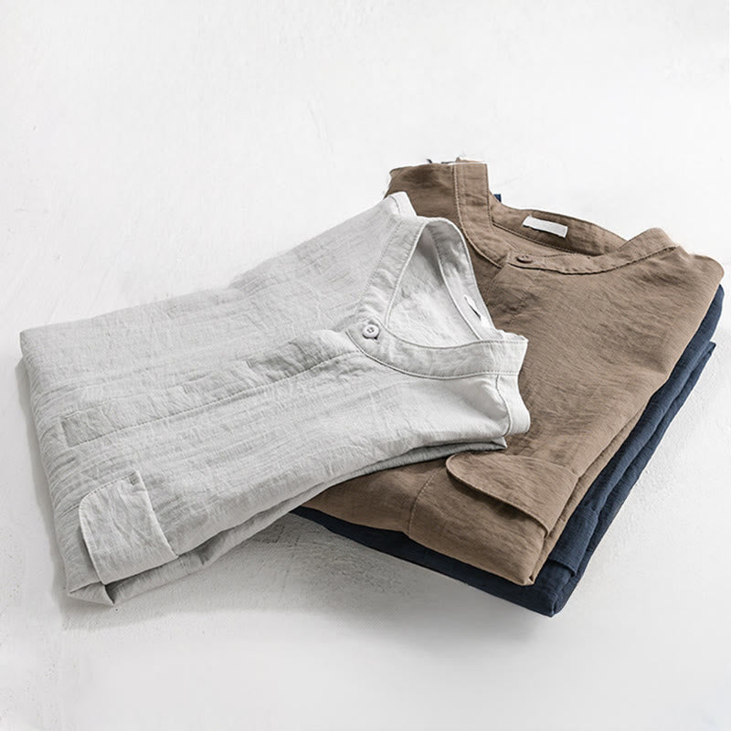 Buddha Stones Chemise d'été décontractée pour homme, col mandarin, demi-boutons, manches courtes, couleur unie, avec poche décorative - image 17