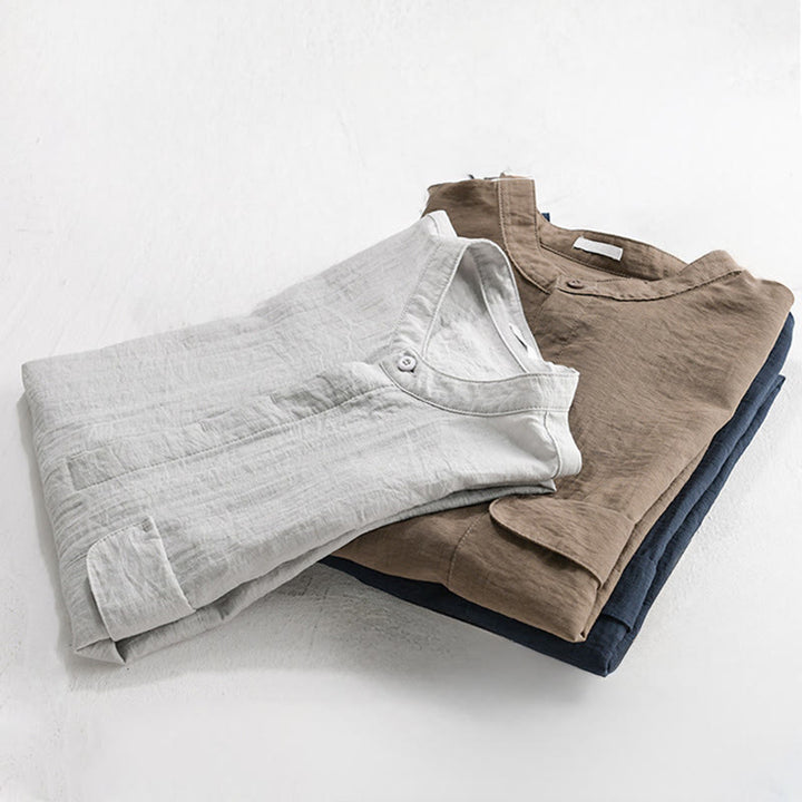 Buddha Stones Chemise d'été décontractée pour homme, col mandarin, demi-boutons, manches courtes, couleur unie, avec poche décorative - image 17