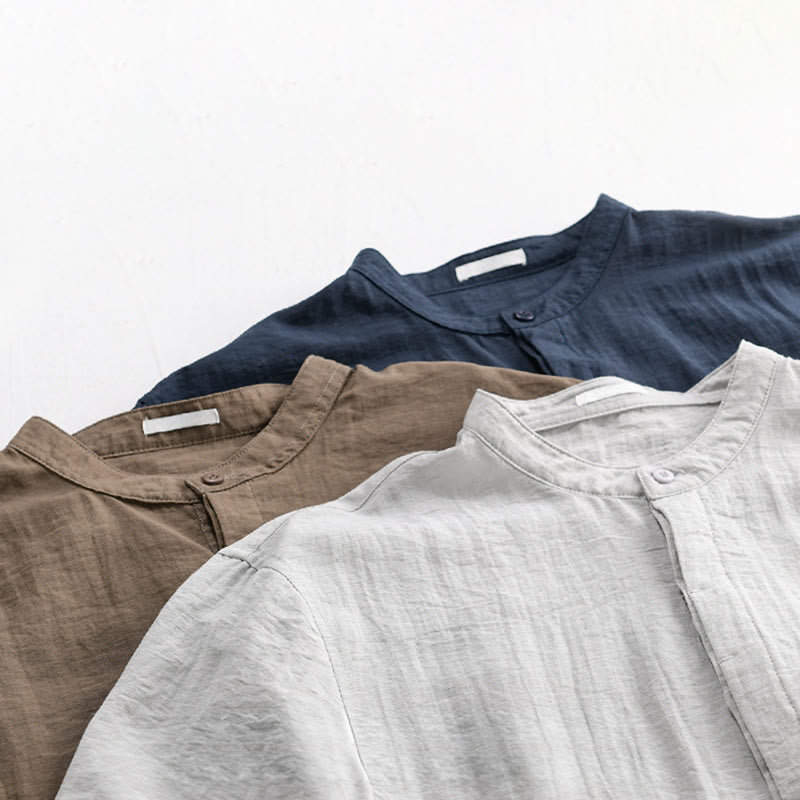 Buddha Stones Chemise d'été décontractée pour homme, col mandarin, demi-boutons, manches courtes, couleur unie, avec poche décorative - image 18