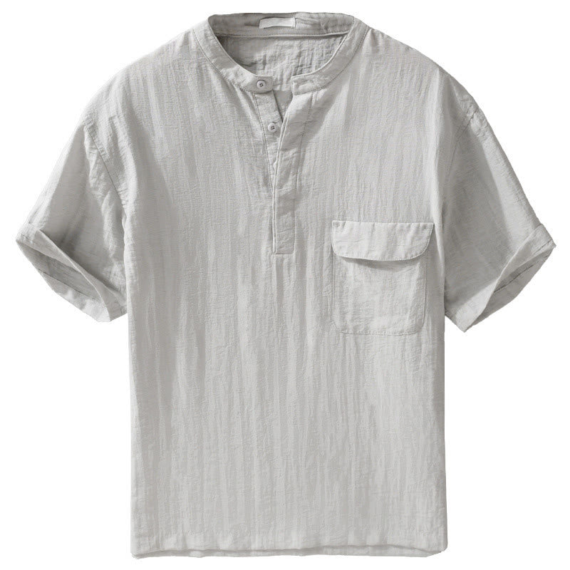 Buddha Stones Chemise d'été décontractée pour homme, col mandarin, demi-boutons, manches courtes, couleur unie, avec poche décorative - image 2