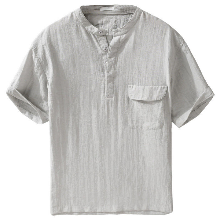 Buddha Stones Chemise d'été décontractée pour homme, col mandarin, demi-boutons, manches courtes, couleur unie, avec poche décorative - image 2