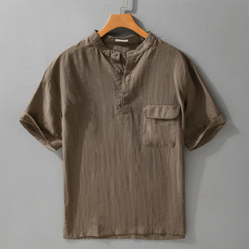 Buddha Stones Chemise d'été décontractée pour homme, col mandarin, demi-boutons, manches courtes, couleur unie, avec poche décorative - Terre de sienne - US/UK/AU42, EU52 (3XL) - image 13