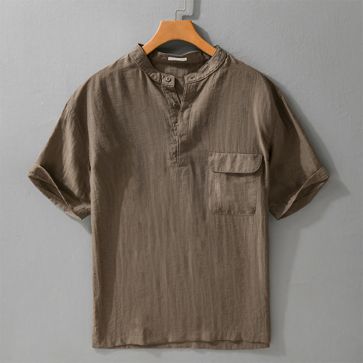 Buddha Stones Chemise d'été décontractée pour homme, col mandarin, demi-boutons, manches courtes, couleur unie, avec poche décorative - Terre de sienne - US/UK/AU42, EU52 (3XL) - image 13