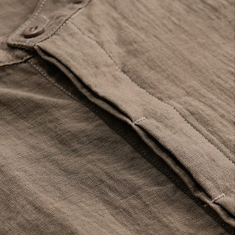 Buddha Stones Chemise d'été décontractée pour homme, col mandarin, demi-boutons, manches courtes, couleur unie, avec poche décorative - image 15