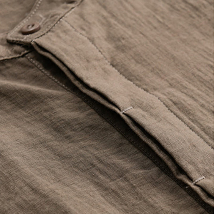 Buddha Stones Chemise d'été décontractée pour homme, col mandarin, demi-boutons, manches courtes, couleur unie, avec poche décorative - image 15