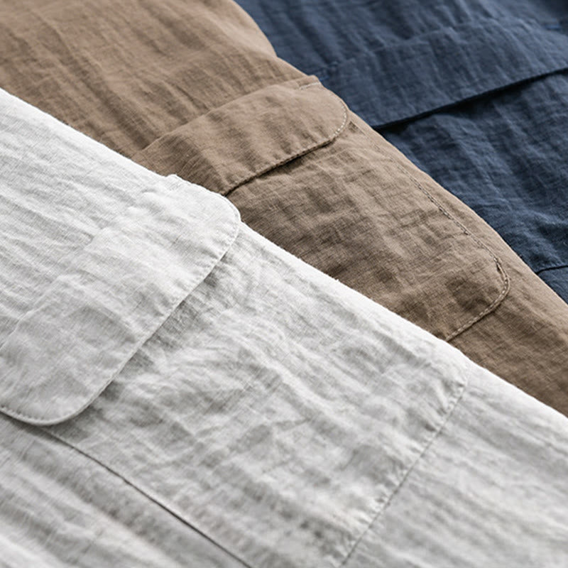 Buddha Stones Chemise d'été décontractée pour homme, col mandarin, demi-boutons, manches courtes, couleur unie, avec poche décorative - image 19