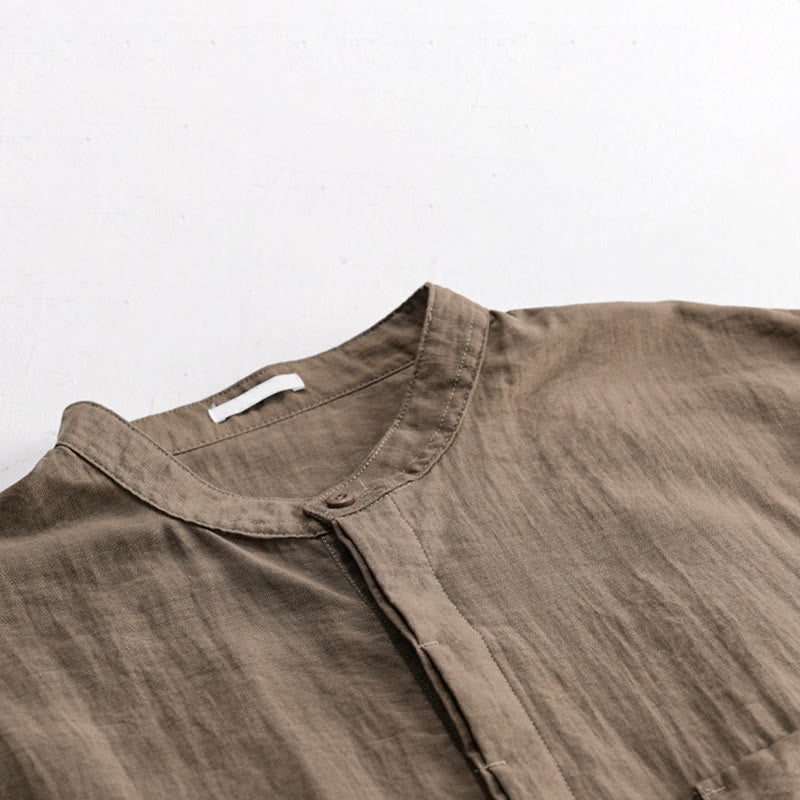 Buddha Stones Chemise d'été décontractée pour homme, col mandarin, demi-boutons, manches courtes, couleur unie, avec poche décorative - image 14