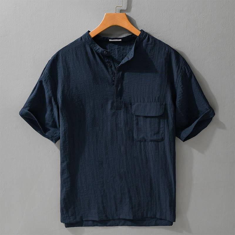 Buddha Stones Chemise d'été décontractée pour homme, col mandarin, demi-boutons, manches courtes, couleur unie, avec poche décorative - Bleu nuit - US/UK/AU42, EU52 (3XL) - image 9