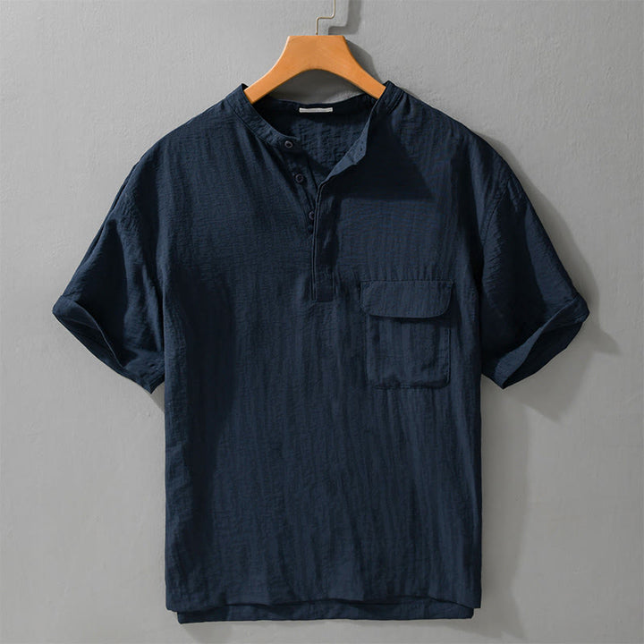 Buddha Stones Chemise d'été décontractée pour homme, col mandarin, demi-boutons, manches courtes, couleur unie, avec poche décorative - Bleu nuit - US/UK/AU42, EU52 (3XL) - image 9