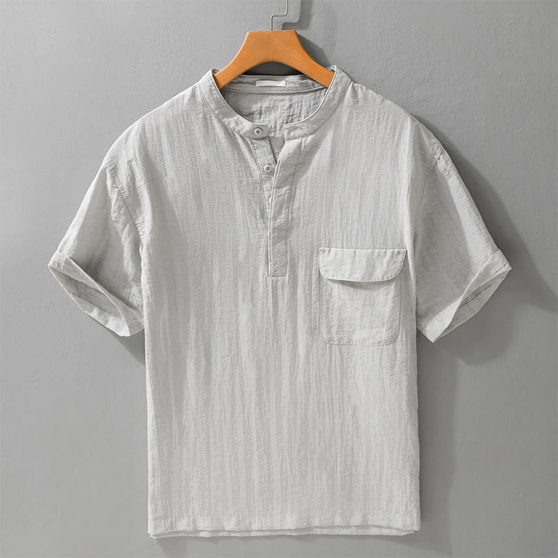 Buddha Stones Chemise d'été décontractée pour homme, col mandarin, demi-boutons, manches courtes, couleur unie, avec poche décorative - Gainsboro - US/UK/AU42, EU52 (3XL) - image 0