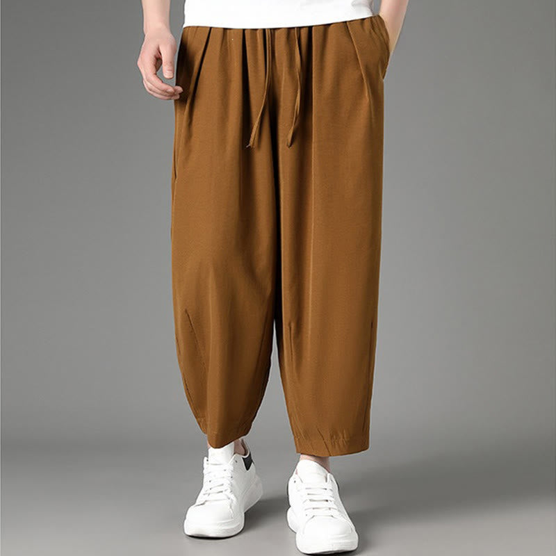 Buddha Stones Pantalon Capri uni décontracté d'été à cordon de serrage minimaliste, style harem pour homme avec poches - image 1