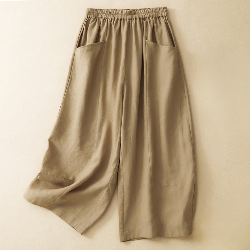 Buddha Stones Pantalon court d'été décontracté, uni, à taille élastique, jambes larges et poches pour femme - Tanné - US12, UK/AU16, EU44 (2XL) - image 0