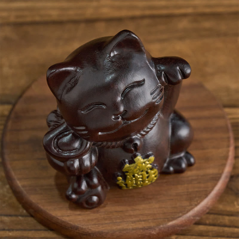 Buddha Stones Chat porte-bonheur sculpté en bois d'ébène, symbole de richesse et de prospérité - image 2
