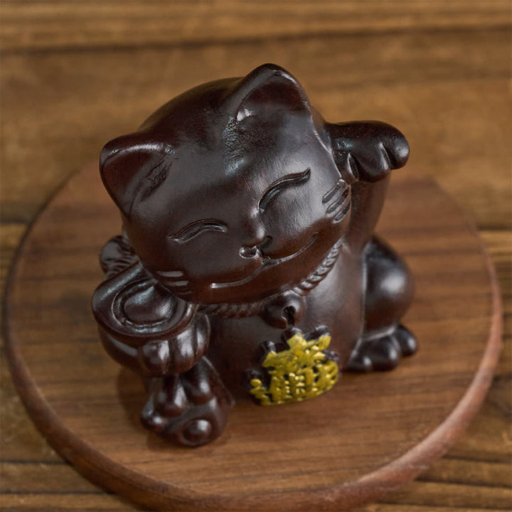 Buddha Stones Chat porte-bonheur sculpté en bois d'ébène, symbole de richesse et de prospérité - image 2