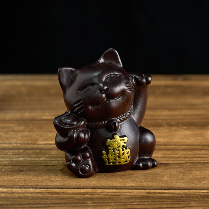 Buddha Stones Chat porte-bonheur sculpté en bois d'ébène, symbole de richesse et de prospérité - Ébène - 20 cm (la couleur et la taille peuvent varier) - image 0