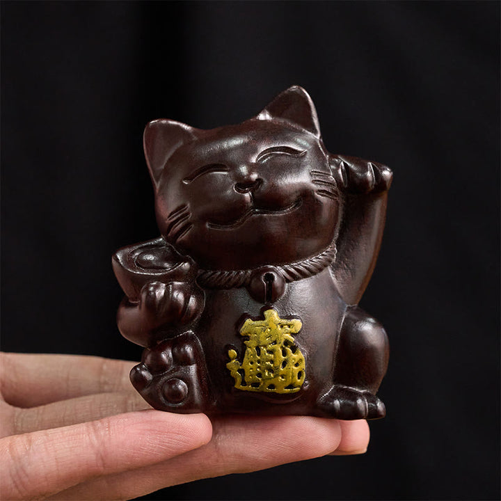 Buddha Stones Chat porte-bonheur sculpté en bois d'ébène, symbole de richesse et de prospérité - image 7