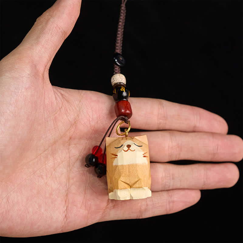 Buddha Stones Porte-clés en bois sculpté à la main représentant un chat Om Mani Padme Hum et la paix - image 7
