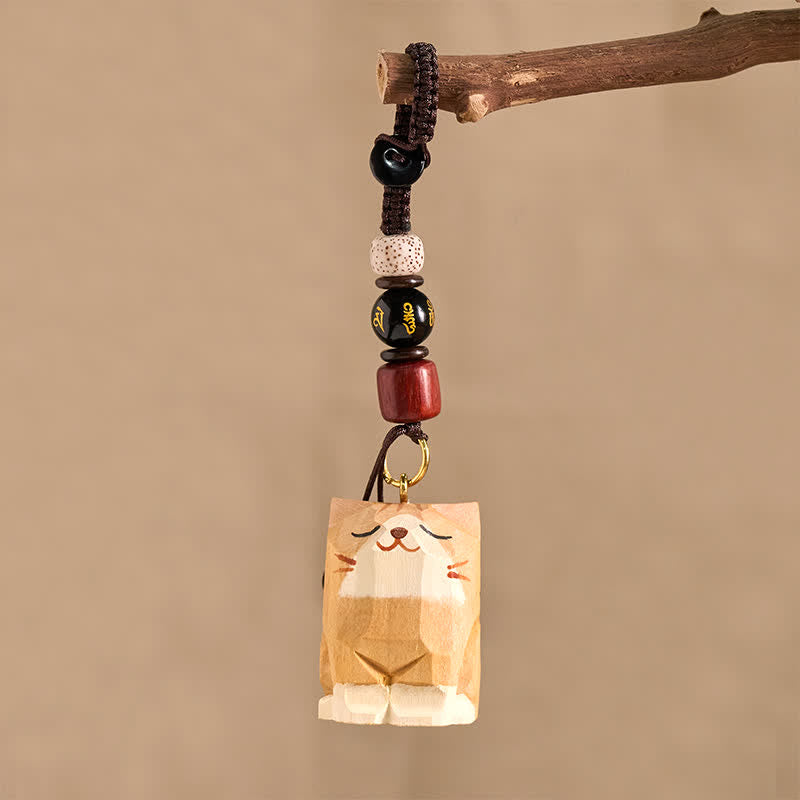 Buddha Stones Porte-clés en bois sculpté à la main représentant un chat Om Mani Padme Hum et la paix - image 3