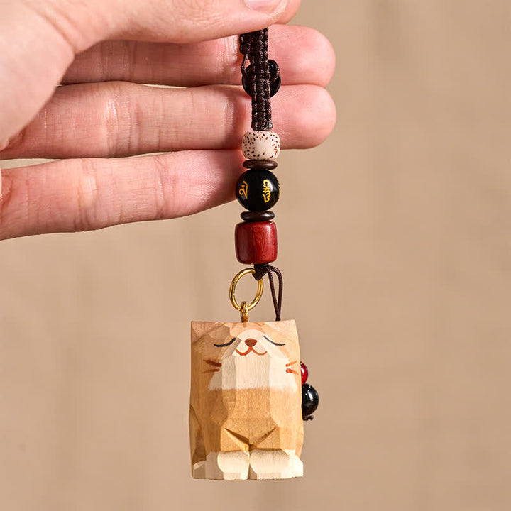 Buddha Stones Porte-clés en bois sculpté à la main représentant un chat Om Mani Padme Hum et la paix - image 4