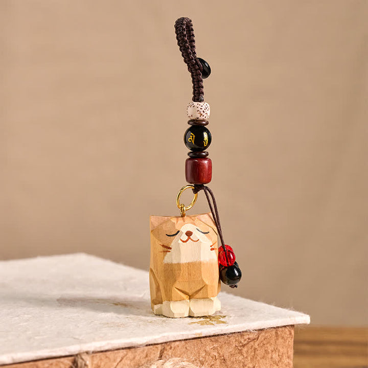 Buddha Stones Porte-clés en bois sculpté à la main représentant un chat Om Mani Padme Hum et la paix - image 2