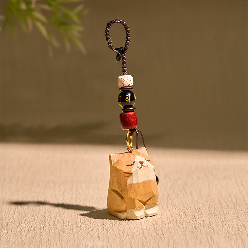 Buddha Stones Porte-clés en bois sculpté à la main représentant un chat Om Mani Padme Hum et la paix - image 1