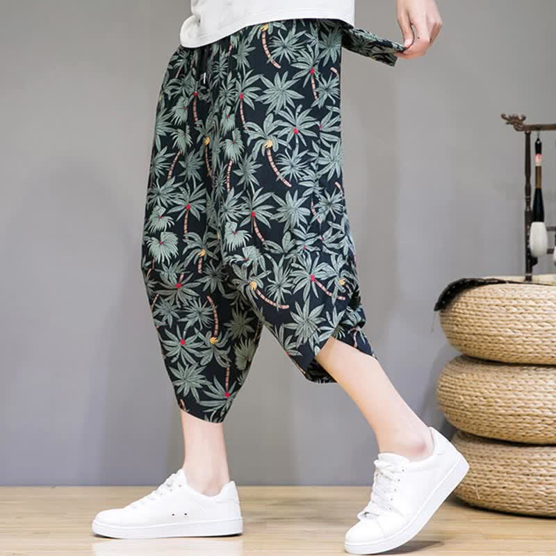 Buddha Stones Pantalon Capri fleuri bohème décontracté d'été à cordon de serrage avec poches pour homme - Noir - US/UK/AU46, EU56 (5XL) - image 0