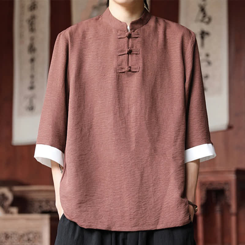 Buddha Stones Chemises d'été pour hommes, style Tang, col mandarin vintage, boutons brandebourg, manches trois-quarts, couleur unie. - Saumon foncé - US/UK/AU46, EU56 (5XL) - image 0