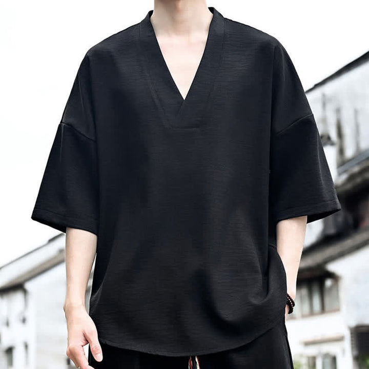 Buddha Stones T-shirts d'été minimalistes et décontractés à fente latérale, unis, à manches courtes pour hommes - image 12