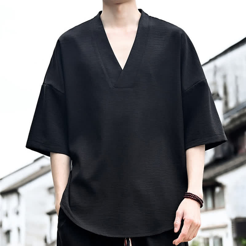 Buddha Stones T-shirts d'été minimalistes et décontractés à fente latérale, unis, à manches courtes pour hommes - Noir - US/UK/AU46, EU56 (5XL) - image 7