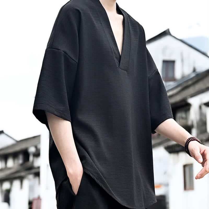 Buddha Stones T-shirts d'été minimalistes et décontractés à fente latérale, unis, à manches courtes pour hommes - image 14