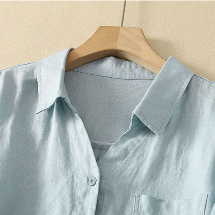 Buddha Stones Chemises d'été minimalistes et décontractées à manches courtes pour femmes, boutonnées, unies, avec poche - image 6