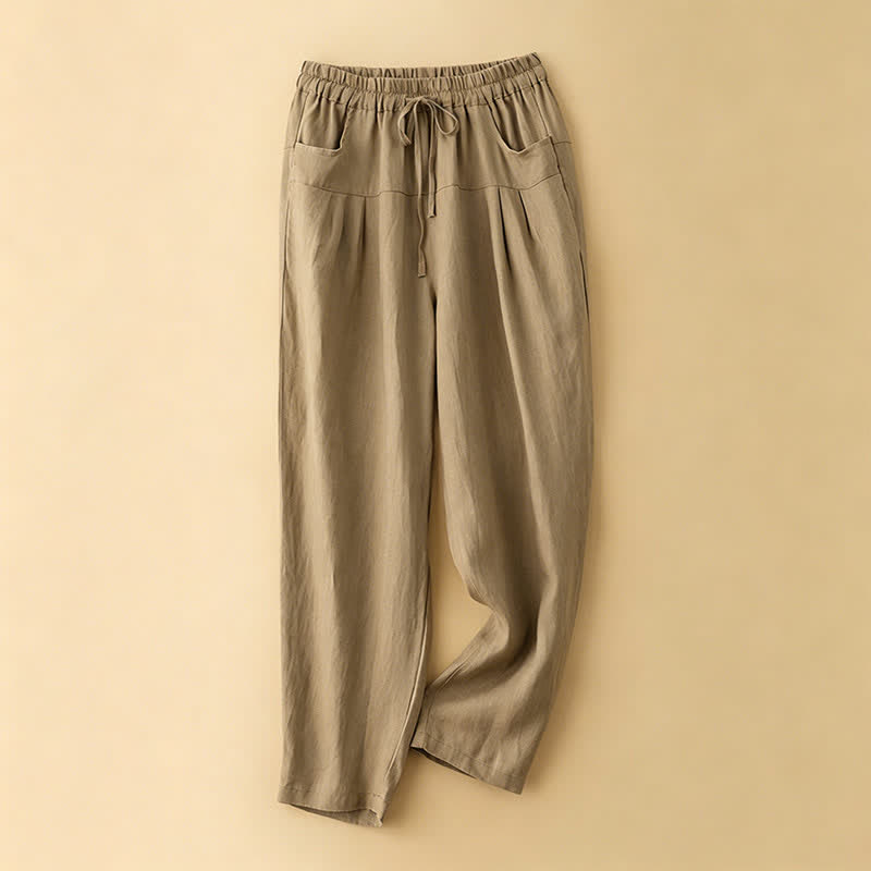 Buddha Stones Pantalon harem minimaliste décontracté d'été à cordon de serrage, couleur unie, longueur cheville, avec poches - Tanné - US8-10, UK/AU12-14, EU40-42 (2XL) - image 0