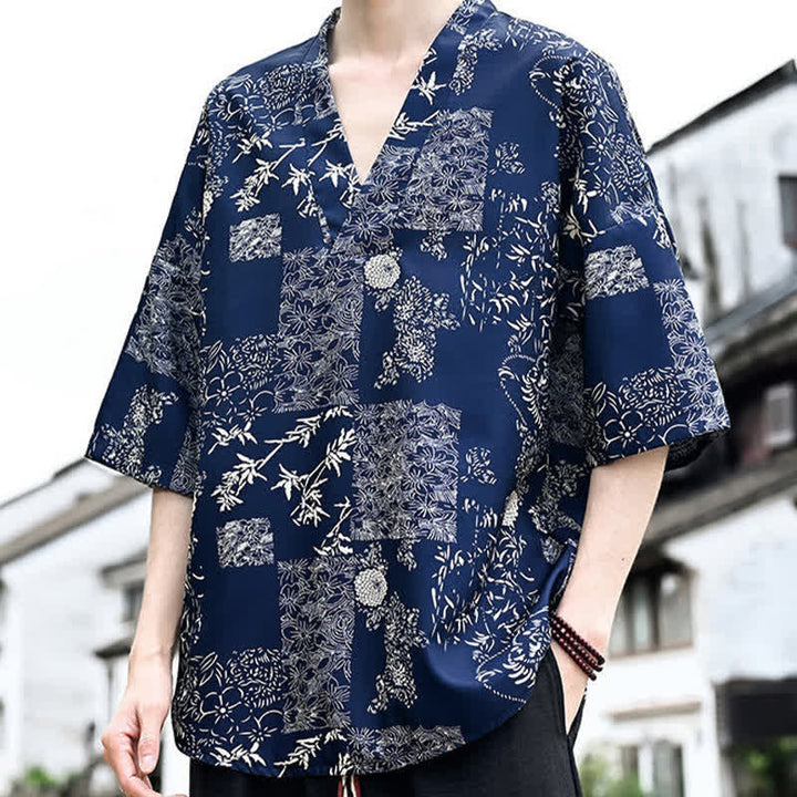 Buddha Stones T-shirts à manches courtes pour hommes, style Tang, imprimé floral, col en V, été décontracté - image 3