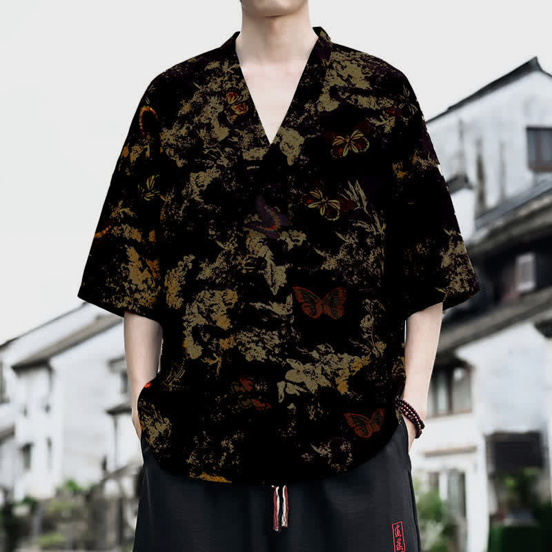 Buddha Stones T-shirts à manches courtes pour hommes, style Tang, imprimé floral, col en V, été décontracté - Noir - US/UK/AU46, EU56 (5XL) - image 4