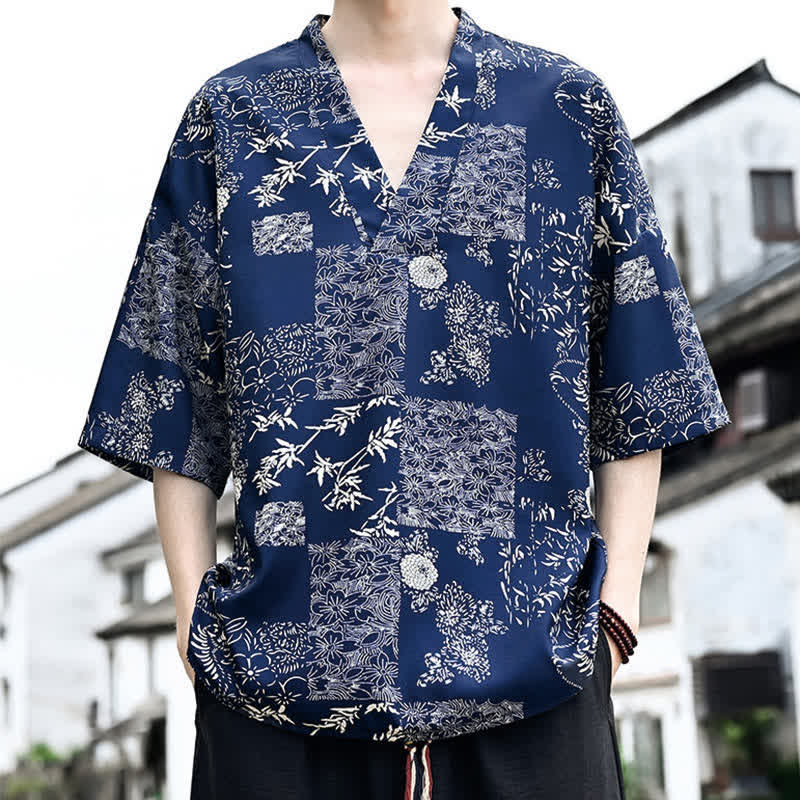 Buddha Stones T-shirts à manches courtes pour hommes, style Tang, imprimé floral, col en V, été décontracté - image 1