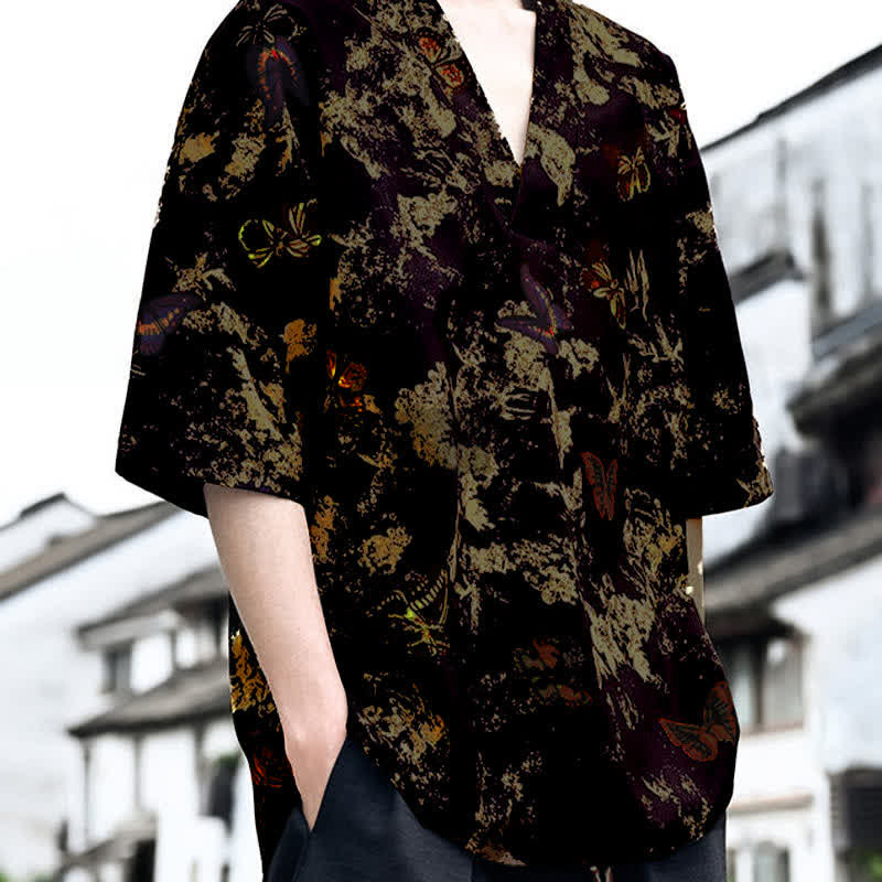 Buddha Stones T-shirts à manches courtes pour hommes, style Tang, imprimé floral, col en V, été décontracté - image 8
