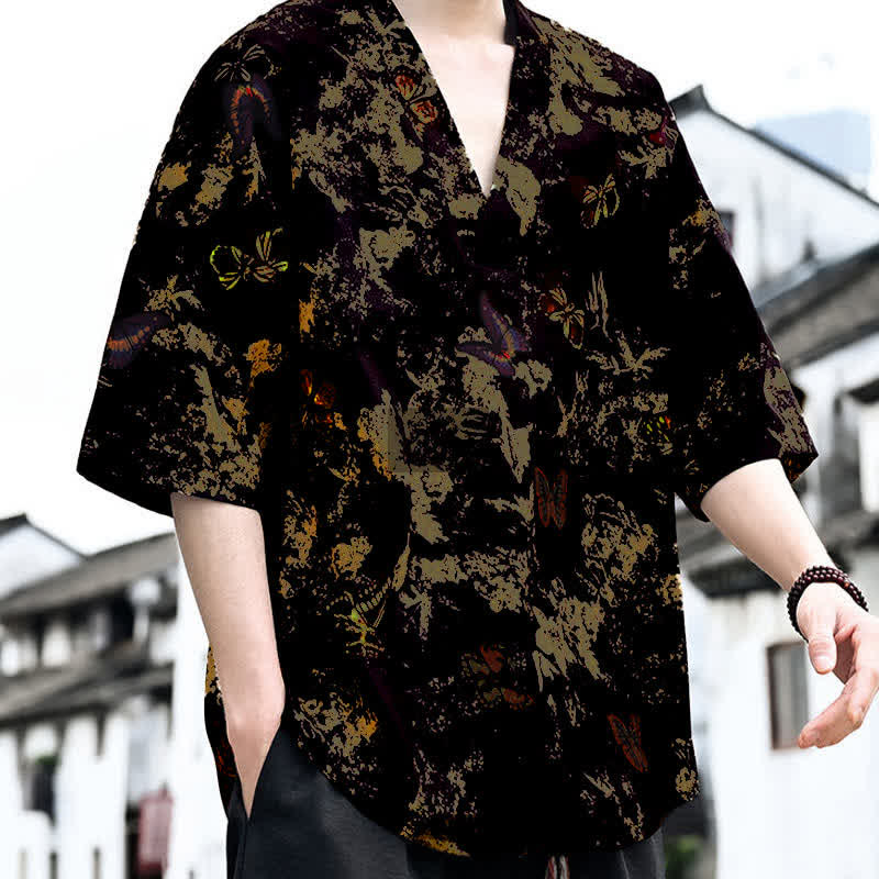 Buddha Stones T-shirts à manches courtes pour hommes, style Tang, imprimé floral, col en V, été décontracté - image 9