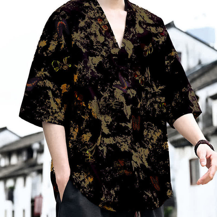 Buddha Stones T-shirts à manches courtes pour hommes, style Tang, imprimé floral, col en V, été décontracté - image 9