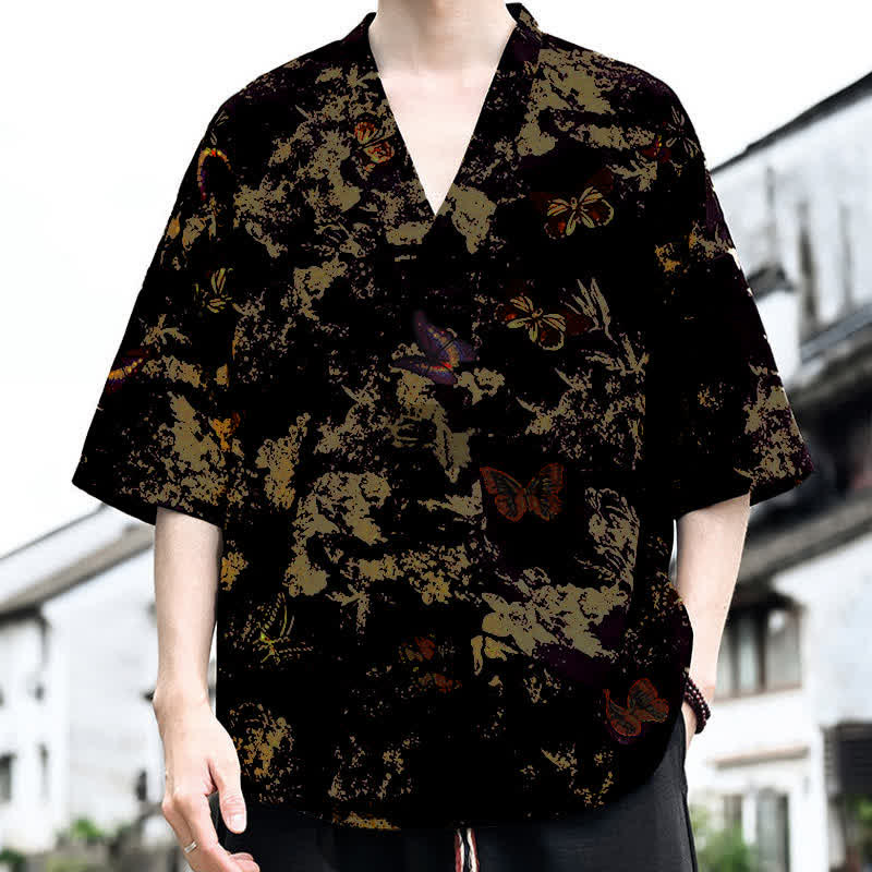 Buddha Stones T-shirts à manches courtes pour hommes, style Tang, imprimé floral, col en V, été décontracté - image 5