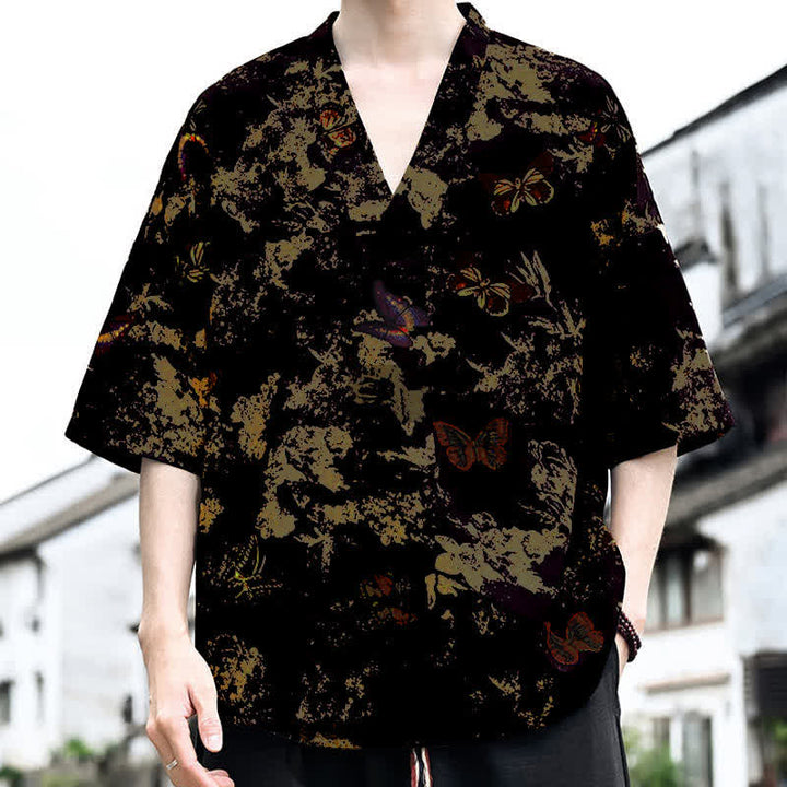 Buddha Stones T-shirts à manches courtes pour hommes, style Tang, imprimé floral, col en V, été décontracté - image 5
