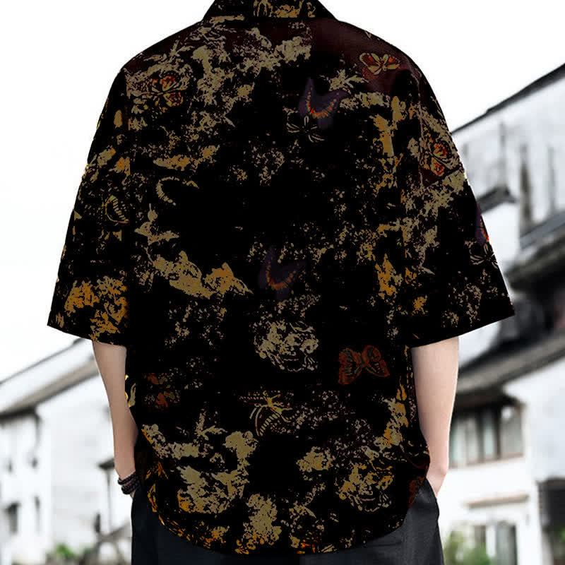 Buddha Stones T-shirts à manches courtes pour hommes, style Tang, imprimé floral, col en V, été décontracté - image 7