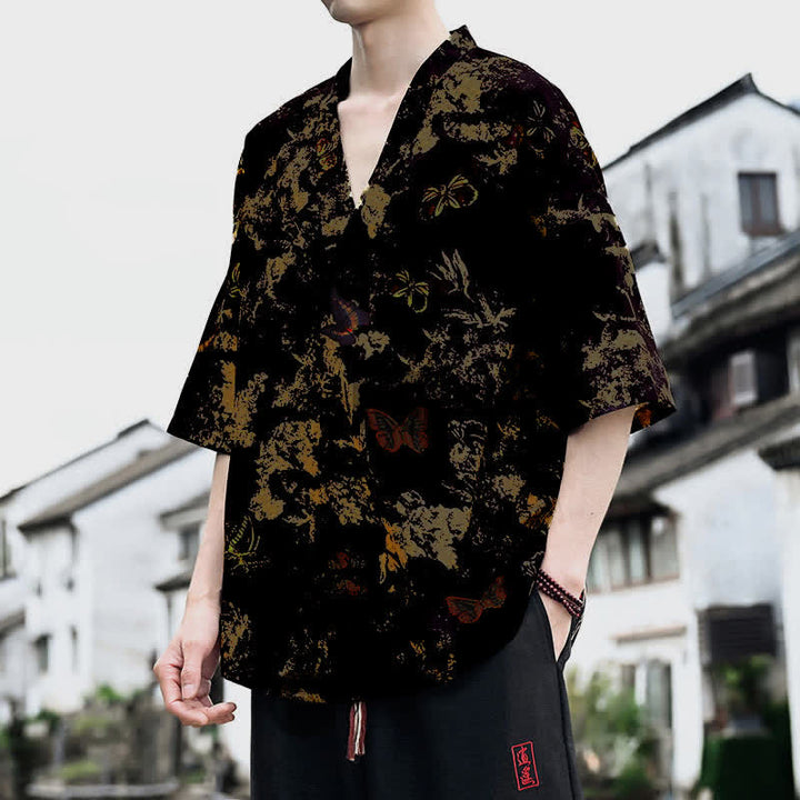 Buddha Stones T-shirts à manches courtes pour hommes, style Tang, imprimé floral, col en V, été décontracté - image 10