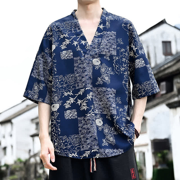 Buddha Stones T-shirts à manches courtes pour hommes, style Tang, imprimé floral, col en V, été décontracté - Marine - US/UK/AU46, EU56 (5XL) - image 0